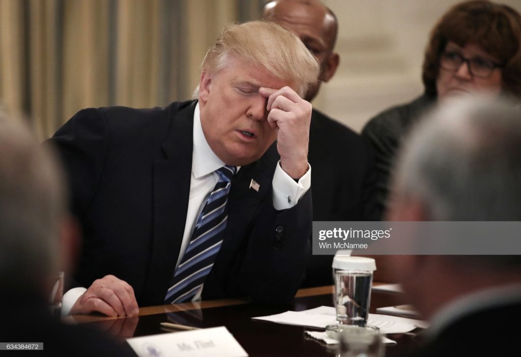 Donald John Trump, of Trump University, rubbing the bridge of his nose, White House, Washington, D.C., Thursday, 9 February 2017. (Photographer Win McNamee / Getty Images News via Getty Images.)