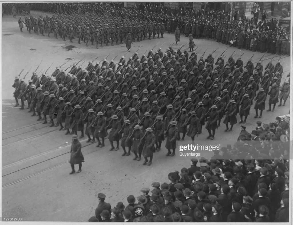 Colonel Hayward's "Hell Fighters" in parade, 369th Infantry of African American soldiers, New York City, New York, 1919. (Photograph U.S. War Department / Buyenlarge / Archive Photos via Getty Images.)
