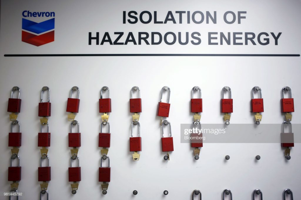 Chevron padlock safety board, Jack / St. Malo Deepwater Oil Platform, Gulf of Mexico, Friday, 18 May 2018. (Photographer Luke Sharrett / Bloomberg via Getty Images.)