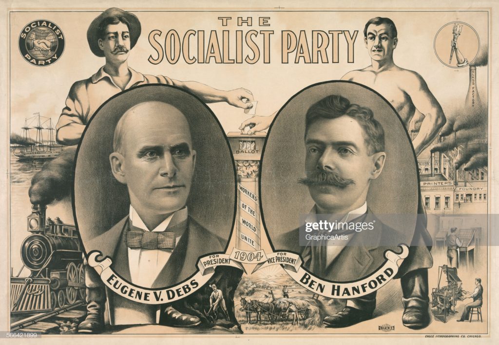 Socialist Party Presidential Ticket of 1904, antique poster, Eugene V. Debs and Ben Hanford, lithograph, 1904. (Photographer Graphica Artis / Archive Photos via Getty Images.)