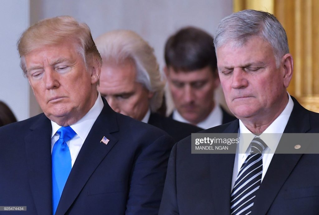 Donald John Trump, of Trump University, and Franklin Graham, rotunda of U.S. Capitol Building, Washington, D.C., Wednesday, 28 February 2018. (Photographer Mandel Ngan / AFP via Getty Images.)