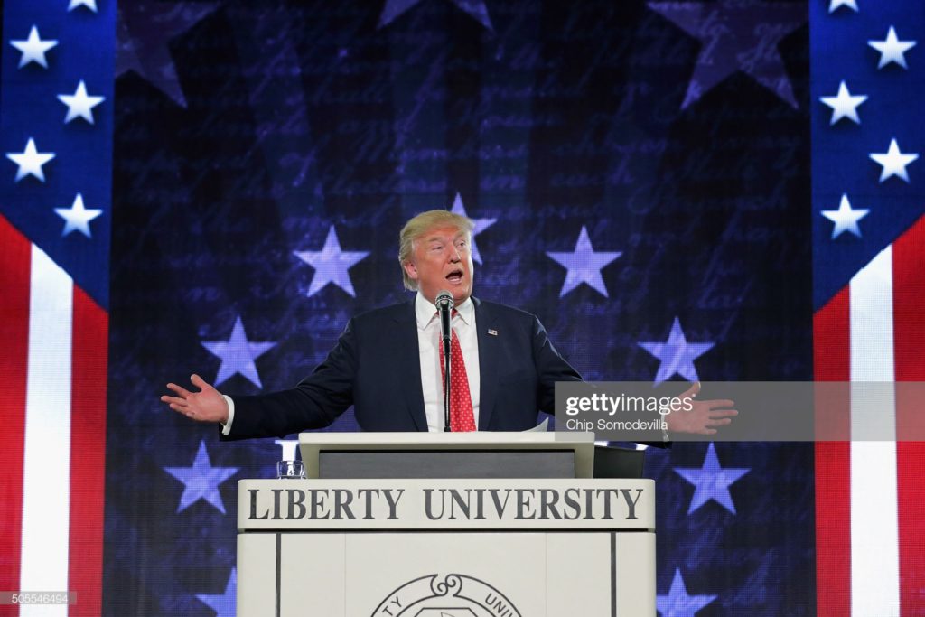 Donald John Trump, of Trump University, delivers convocation, Vines Center, Liberty University, Lynchburg, Virginia, Monday, 18 January 2016. (Photographer Chip Somodevilla / Getty Images News via Getty Images.)